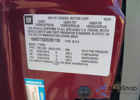 2005 Chevrolet Trailblazer Ls из США, поврежденный, VIN 1GNDT13S252351135